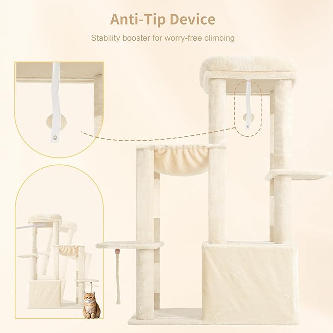 Heybly Heavy Duty Cat Tree, Tower for Indoor Cats Large Adult, Tall Cat Condo House with Extra-Large Baseboard, Multi-Level Plush Furniture with Scratching Posts, Hammock,Toy Balls, Beige HCT026M