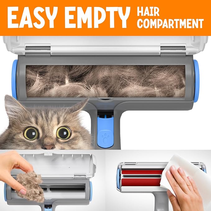 Triton Pet Hair Remover w/Fur Trapping Compartment - Easy to Use Pet Hair Removal Tool - Detachable Handle Cat & Dog Hair Remover for Car, Furniture, Clothes, Couch - Reusable Lint Roller (Gray/White)