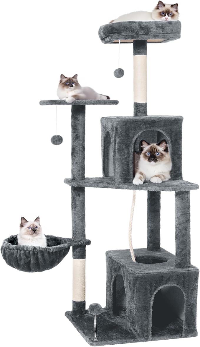Cat Tree, 54-Inch Cat Tower for Indoor Cats,Plush Multi-Level Cat Condo with Scratching Posts, Basket, Perches,2 Caves,2 Pompoms(Dark Gray)