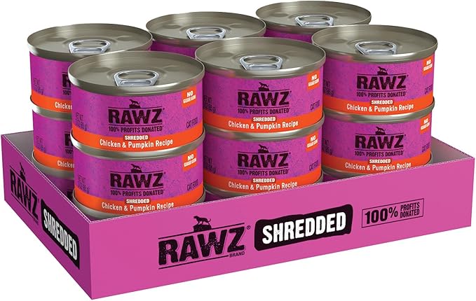 Rawz Natural Premium Shredded Canned Cat Wet Food - Grain Free Made with Real Meat Ingredients No BPA or Gums - 3oz Cans - 18 Count (Chicken & Pumpkin)