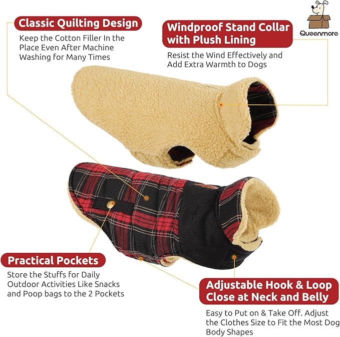 Queenmore Dog Winter Coat Warm Dog Jacket for Cold Weather, Quilting Puffer Plaid Coats for Small/Medium Dogs Waterproof,Girl/Boy Pet Christmas Coat,Pet Snowsuit with Leash Hole/Fleece Padding, S