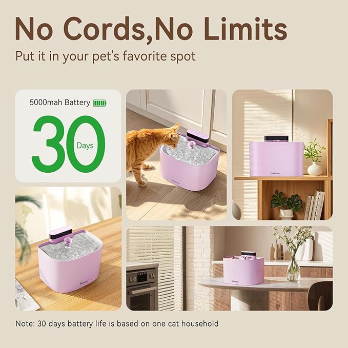 Cat Water Fountain, 122oz/3.6L Pumpless Wireless Cat Fountain, Cordless Water Fountains for Cats Indoor, Dog Pet Water Fountain Battery Operated with Stainless Steel Tray (Pink, Fountain+2 Fliters)