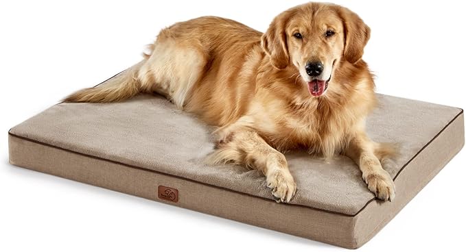 Bedsure Memory Foam Dog Crate Bed for Extra Large Dogs - XL Orthopedic Pet Beds with Removable Washable Cover and Nonskid Bottom - Plush Flannel Fleece Top Pet Mat, Khaki