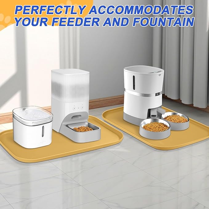 Silicone Pet Feeding Mat with Raised Edge for Food and Water, Dog Bowl Mats, Cat Bowls Placemat with High Lip for Floor Waterproof, Rubber Tray for Cats and Dogs 24 x 16 x0.8 Beige