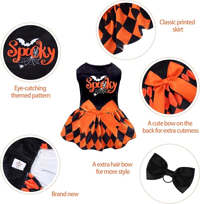 CuteBone Halloween Dog Dresses Velvet Holiday Small Dogs Clothes Onesie Pet Apparel Girl Puppy Skirt with Bow Hair Rope CVA42M-D