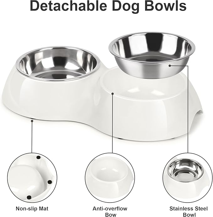 Stainless Steel Dog Bowls Set – Dual Non-Slip Pet Dishes with 2 Small (4oz*2) Bowls & Durable Resin Stand,Food & Water Feeder for Kittens– White