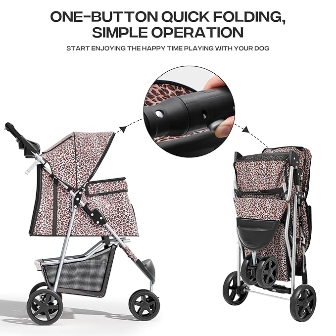 Cat Dog Stroller,3-Wheels Pet Stroller for Medium/Puppy Dogs 30 Lbs, with Storage Basket and Cup Holder, Breathable Mesh Leopard Print