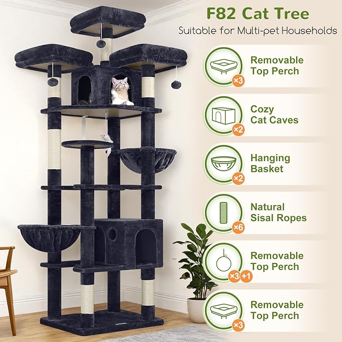 Globlazer Cat Trees and Towers for Multiple Adult Cats, 82-inch XXL Tall Cat Tree Tower for Indoor Cats with Scratching Post, 3 Perches, 2 Condos, 2 Hanging Baskets, F82, Dark Grey
