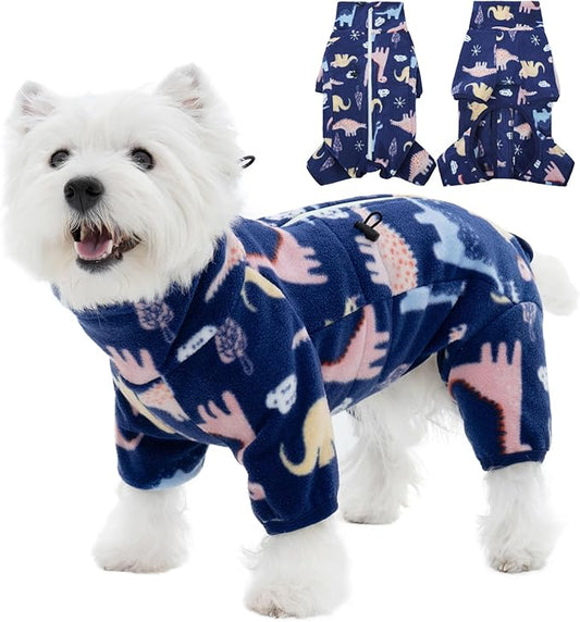 ROZKITCH Dog Pajamas Soft Fleece Pullover Pajamas, Pet Windproof Warm Cold Weather Jacket Vest with Reflective Zipper, Jumpsuit Apparel Outfit Clothes for Small Dog Dinosaur XS