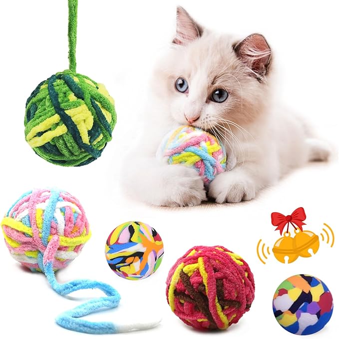 5 PCS Cat Ball Toys - Colorful Woolen Yarn Balls Built-in Bell for Cats, Furry Rattle Ball for Kitty and Kitten Training Indoor Play, Pet Cat Interactive Chasing Chewing Molar Cotton Thread Ball Toys