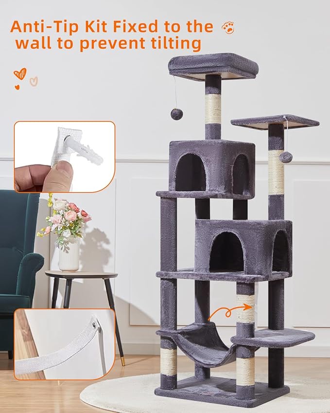 Taoqimiao Cat Tree, 61-Inch Cat Tower for Indoor Cats, Plush Multi-Level Cat Condo with 5 Scratching Posts, 2 Perches, 2 Caves, Hammock, 2 Pompoms, Smoky Gray MS013SG