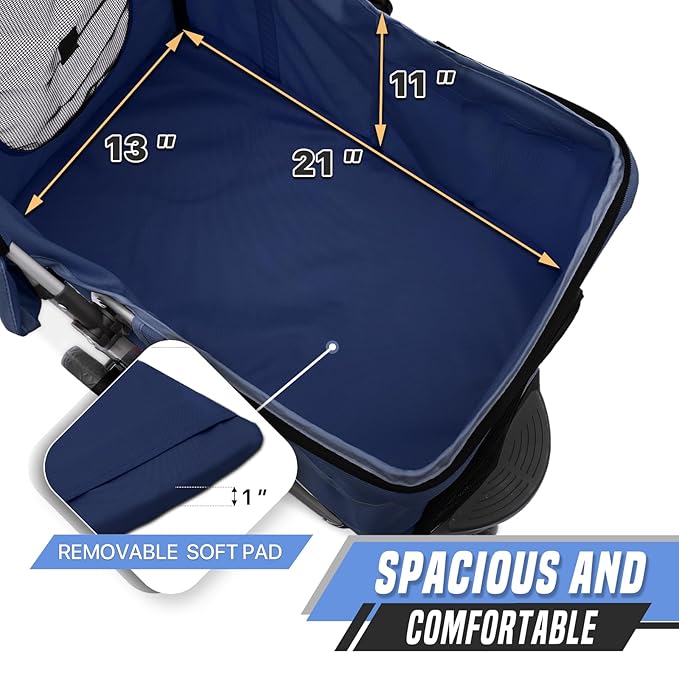 Cat & Dog Stroller, 3-Wheels Foldable Pet Stroller for Medium/Puppy Dogs & Cats, 30 Lbs, Breathable Mesh Navy with Storage Basket & Cup Holder