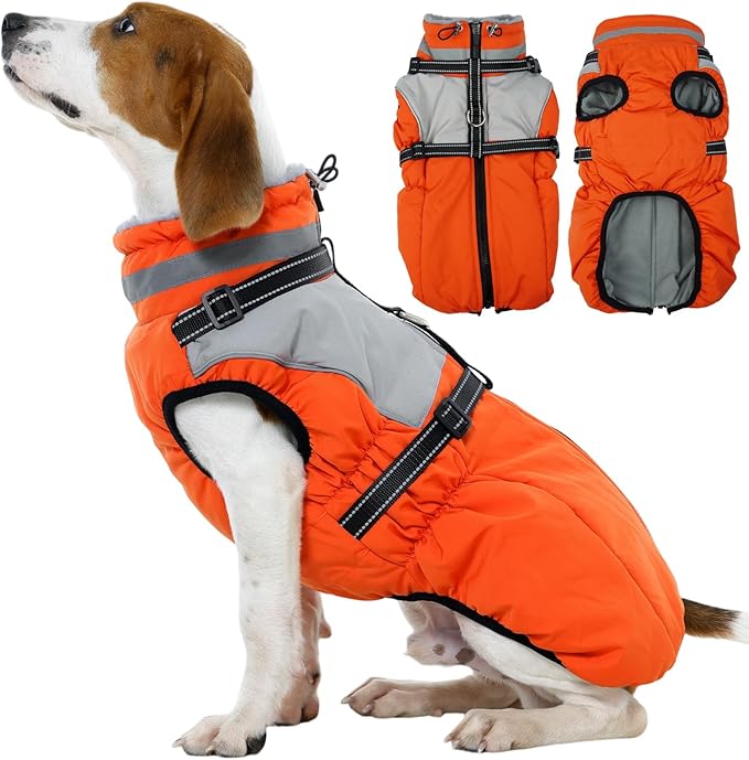 Kuoser Dog Coat, 2 in 1 Dog Jacket with Harness Built in, Winter Waterproof Puppy Puffer Jacket Snowsuit for Small Medium Large Dogs, Cold Weather Reflective Pet Fleece Vest with Zipper