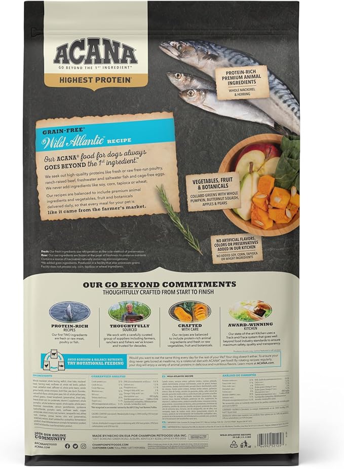 ACANA Highest Protein Grain Free Dry Dog Food Wild Atlantic Recipe 25lb Bag