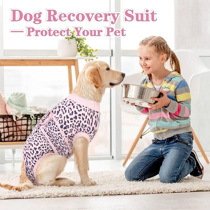 Kuoser Dog Recovery Suit Female, Soft Puppy Surgery Suit, Dog Recovery Suit After Surgery, Post-Op Onesie for Female & Male Dogs, Soft Protective Wear, PinkLeopard S