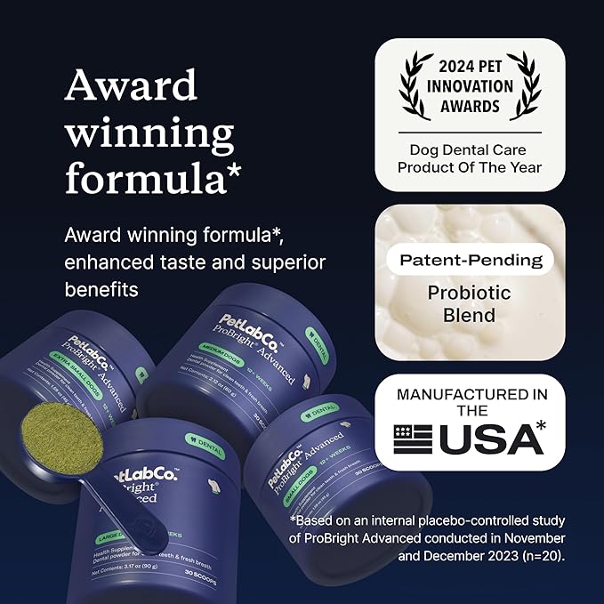 PetLab Co. ProBright Advanced Dental Powder - Dog Breath Freshener - Teeth Cleaning Made Easy – Targets Tartar & Bad Breath - Packaging May Vary - Formulated for Extra Small Dogs