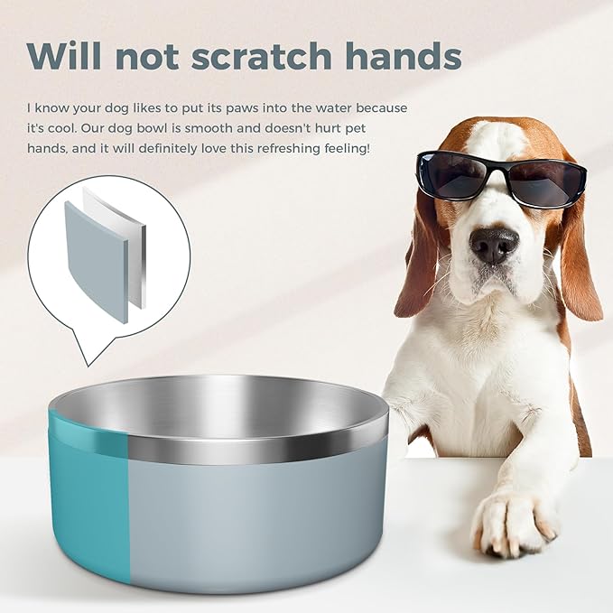 Dog Bowl, Stainless Steel Dog Food and Water Bowl with Non Slip Quiet Bottom, Easy to Clean, Dishwasher Safe, 64oz, Light Grey