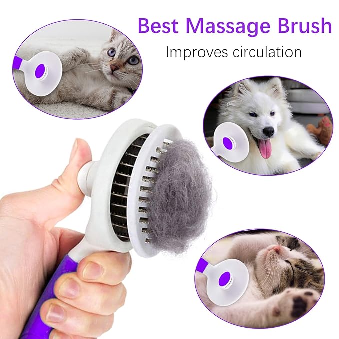 Cat Grooming Brush, Pets Skin Friendly Self Cleaning Slicker Massage Brushes for Shedding Dogs Cats Hair Gentle Remove Loose Undercoat with Long or Short Hairs for All Fur Type- UPGRADED