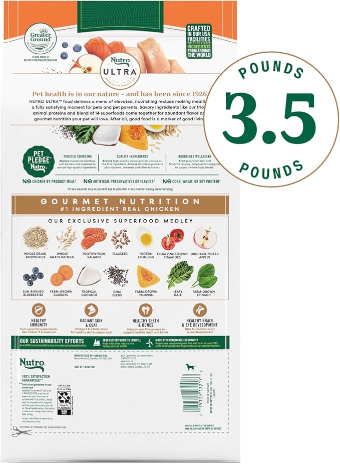 Nutro Ultra High Protein Dry Puppy Food, Trio of Proteins from Chicken, Lamb and Salmon, 3.5 lb Bag