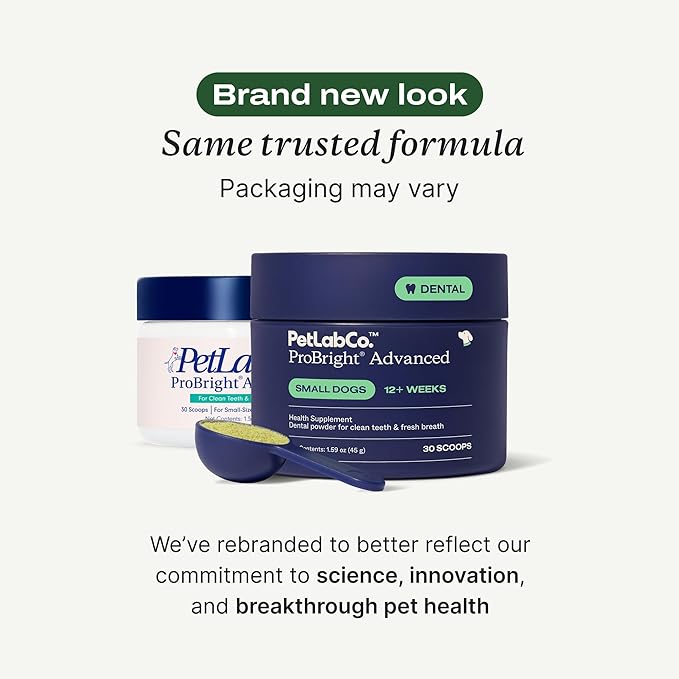 PetLab Co. ProBright Advanced Dental Powder - Dog Breath Freshener - Teeth Cleaning Made Easy – Targets Tartar & Bad Breath - Packaging May Vary - Formulated for Small Dogs