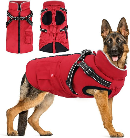 Dog Winter Coat with Harness Built-in | Waterproof Dog Jacket with Zipper & Fleece Lining | Reflective Cold Weather Coat for Small Medium Large Dogs