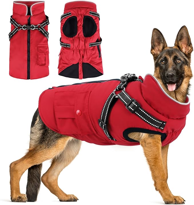 Dog Winter Coat with Harness Built-in | Waterproof Dog Jacket with Zipper & Fleece Lining | Reflective Cold Weather Coat for Small Medium Large Dogs