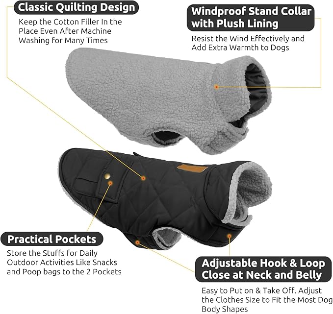 Queenmore Dog Winter Coat Warm Puffer Jacket Waterproof Plush Lining Thermal Cold Weather Vest for Small Medium Large Dogs, Windproof Easy On Pet Jacket Black XS