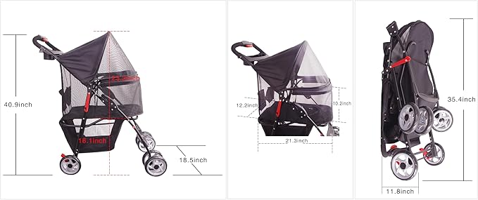 Full-Window pet Stroller 4 Wheels for Cats & Dogs, with Storage Basket,Cup Holder, Travel Puppy/Cats Stroller.