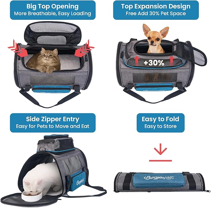 BurgeonNest Top-Expandable Pet Carrier, Airline Approved Dog Cat Carrier, Soft-Sided Puppy Kitten Carriers Up to 15 Lbs, Underseat Travel with Storage Pocket and Anti-Scratch Mesh, 18x11x11, Blue