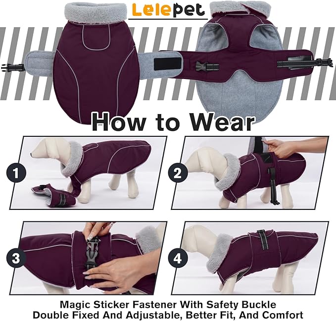 Lelepet Warm Dog Coat Reflective Fleece Vest Waterproof Dog Jacket with Adjustable Buckle Hook & Loop Windproof Cold Weather Coats for Small Medium Large Dogs, Dark Purple, XL