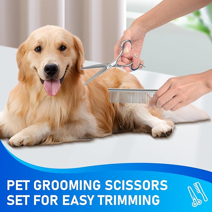 Professional 4 in 1 Dog Grooming Scissors Kit with Safety Round Tips, Sharp and Durable Pet Grooming Shears for Dogs and Cats.