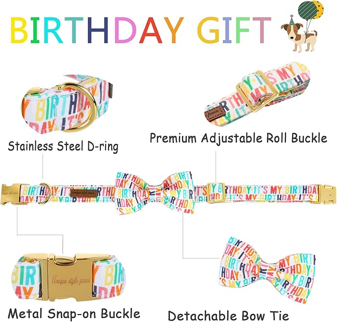 Unqiue Style Paws Birthday Dog Collar, Soft and Cute Dog Bow Tie, Durable Pet Collar with Bow Adjustable Dog Collar for X-Small Puppy