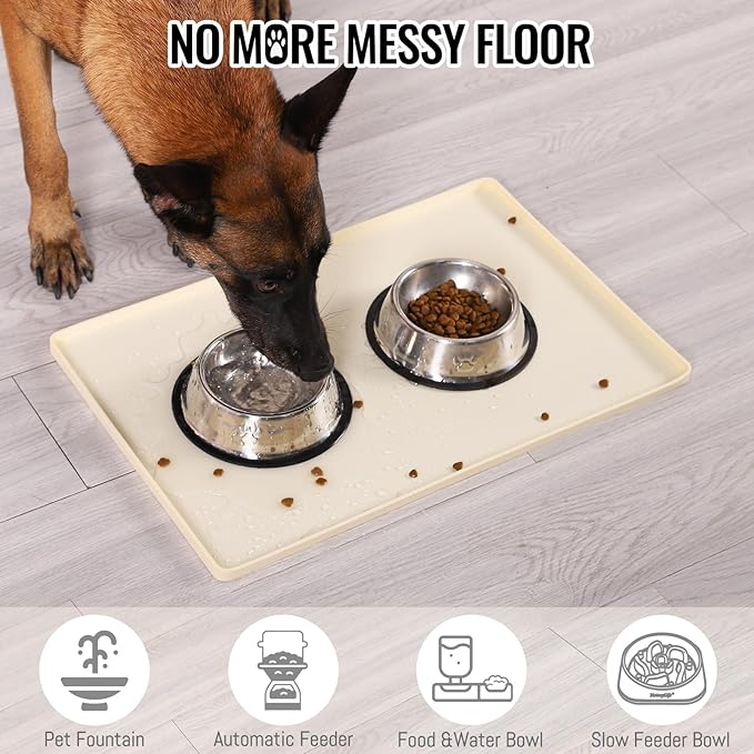 MateeyLife Dog & Cat Food Mat for Floors Waterproof, Nonslip Pets Bowl Mats for Dining and Drinking, Dogs Feeding Mats with Raised Edges, Silicone Cats Matt Tray for Messy Drinkers, 24"x16", Beige