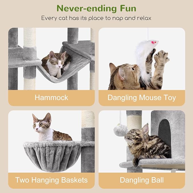 Globlazer Big Cat Tower for Indoor Cats, 80inch Cat Tower for Multiple Adult Cats XXL Cat Tree with Scratching Post, Hammock, 3 Perches, 2 Condos, 2 Hanging Basket, F80, Light Grey