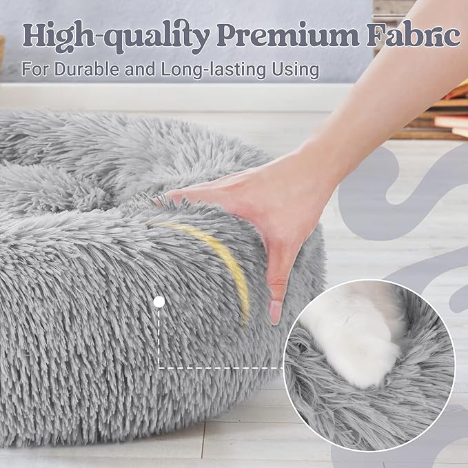 rabbitgoo Cat Beds for Indoor, 20 inches Machine Washable, Fluffy Round Pet Bed Non-Slip, Calming Soft Plush Donut Cuddler Cushion Self Warming for Small Dogs Kittens, Light Grey, Medium