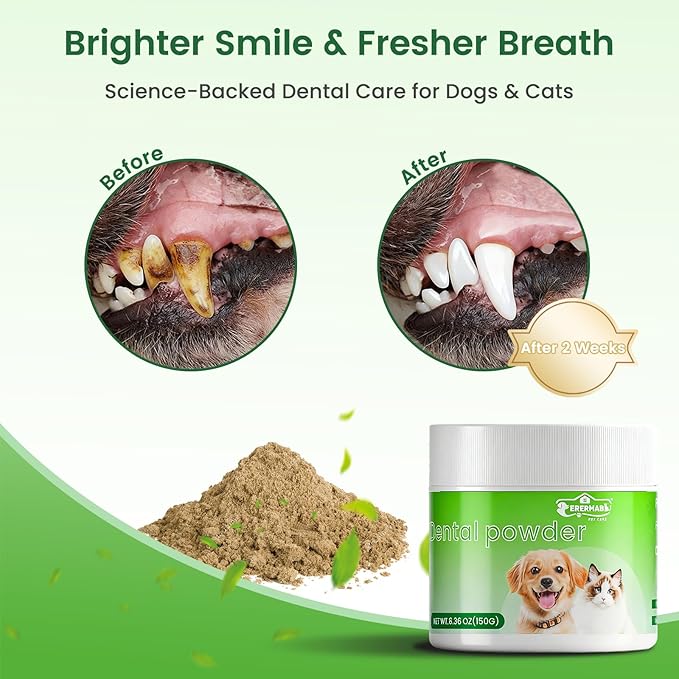 Dog Teeth Cleaning Powder, Dog Dental Powder and Cats Breath Freshener，Bad Breath & Tartar Remover for Dogs,Dog Teeth Cleaning with Enzymes- 60-Day Supply 150g