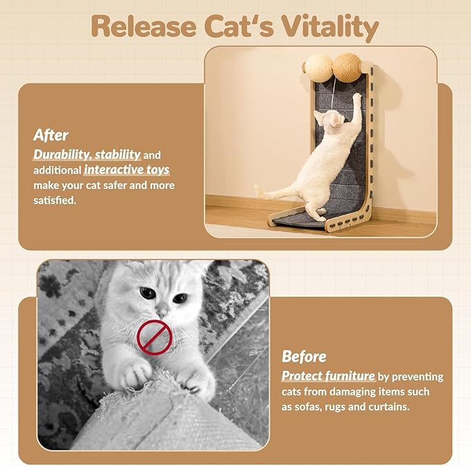 Cat Scratcher Felt Cat Scratch Pad for Cats with Sisal Balls Cat Scratching Board Large Scratchers for Indoor Adult Cat Scratching Furniture Protector Post Toy L Shape 28.4 Inch Grey