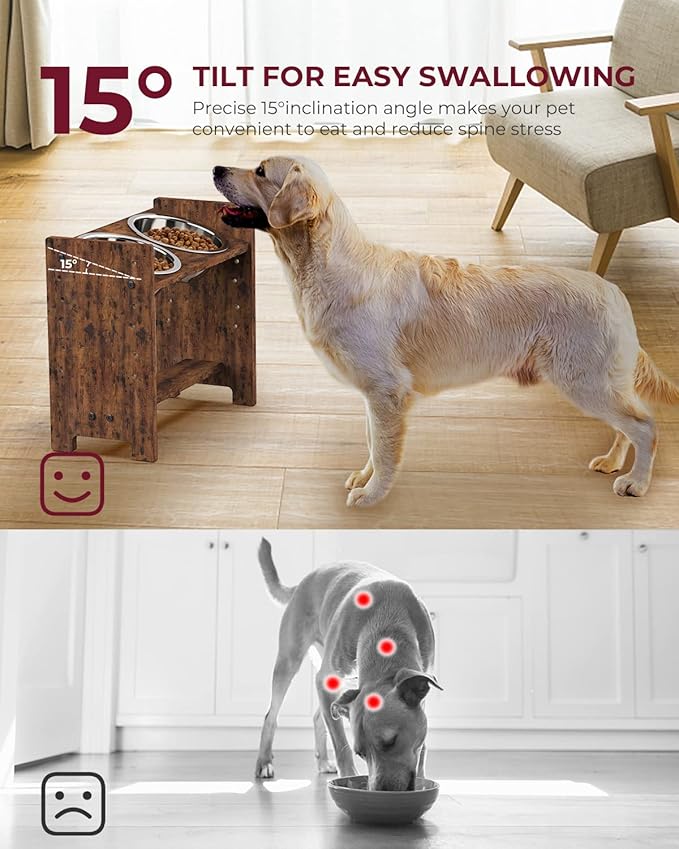 Vantic Elevated Dog Bowls, Adjustable Raised Dog Bowl Stand for Medium Sized Pet, Sturdy Particle Board Food Feeder with 2 Stainless Steel Dishes, Rustic Brown