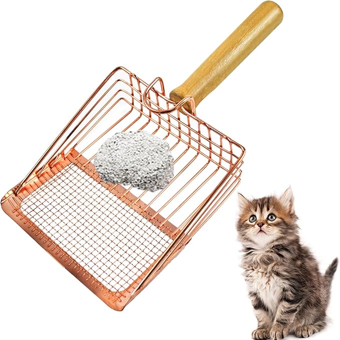 Metal Kitty Litter Scoop,Fast Sifting Litter Scooper for Cats,Cat Poop Scooper with Wood Handle & Hook Rose Gold Solid Two Mesh Kitten Deep Shovel