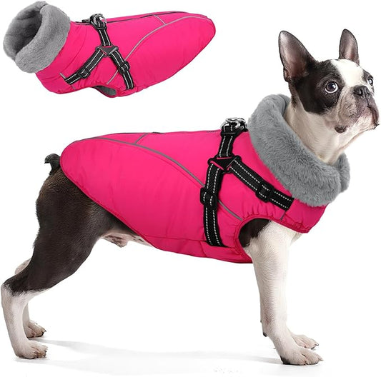 Queenmore Dog Jackets for Large Dogs, Dog Coat with Harness Built in,Waterproof Dogs Coats with Zipper On Back,Warm Fleece Lining Cold Weather Pet Coats with Furry Collar for Labrador,Rosered,L