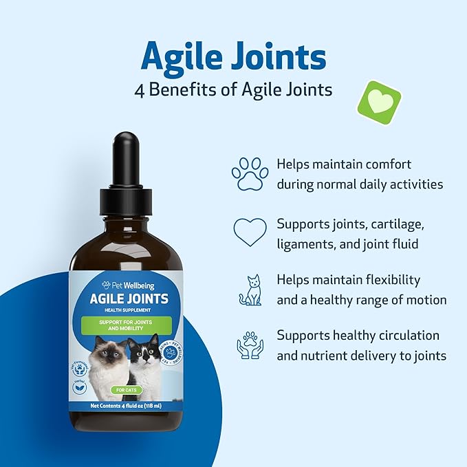 Pet Wellbeing Agile Joints for Cats - Hip and Joint Health, Mobility, Devil’s Claw, Boswellia, Joint Ligament and Cartilage - Veterinarian-Formulated Herbal Supplement 2 oz (59 ml)