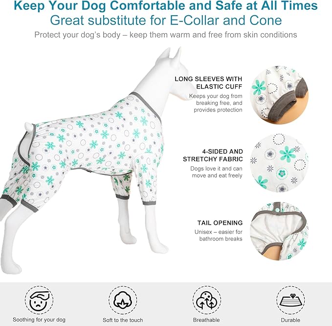 LovinPet Big Dog Onesie Shedding Suit, Pet Anxiety Relief Pj'S,Uv Protection Dogs Tshirt,Pet Clothes,Comfy Stretchy Fabric,Mint Floral Print,Large Dogs Pjs,Pullover Pitbull Clothes For All Seasons,3Xl