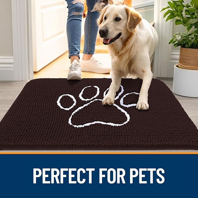 OLANLY Dog Door Mat for Muddy Paws 30x20, Paw Print Design, Absorbs Moisture and Dirt, Absorbent Non-Slip Washable Doormat, Quick Dry Chenille Mud Mat for Dogs, Entry Indoor Entryway Carpet, Brown