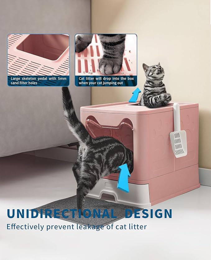 Cat Litter Box with Litter Mat and Scoop, Large Foldable Litter Box with Lid, Front Entry Top Exit Kitty Box, Odor Control, Easy to Clean (Pink)