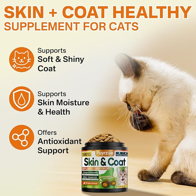 Cat Skin and Coat Health - 500 Chews Crunchy & Creamy Cheese Core with Omega 3/6/9, Vitamins C & E, Biotin for Skin Hydration & Coat Shine Supplement for Cats Kittens - Chicken & Shrimp Flavor