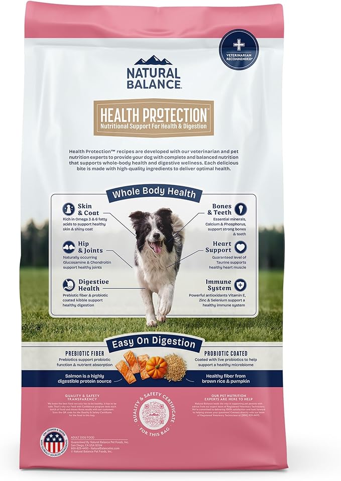 Natural Balance Health Protection Dry Dog Food – Whole Body Health, Easy on Digestion Dog Food Made with Salmon, Brown Rice & Pumpkin for Dogs - 4lbs.