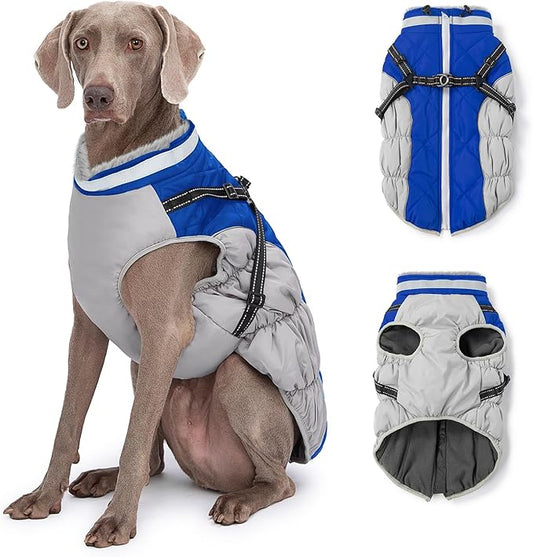 Dog Winter Coat with Harness, Dog Jacket, Pet Clothes with Zipper on Back, Waterproof Windproof Warm Vest, Reflective Cold Weather Coats, for Small Medium Large Dogs, Thick, Blue, 3XL