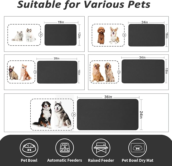 Pet Feeding Mat - Absorbent Dog Mat for Food and Water, No Stains Cat Bowl Mat, Easy to Clean Pet Placemats, Quick Dry Dog Water Dispenser Mat for Messy Drinkers | Black 24"x 36"