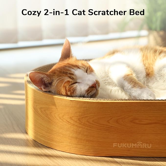 FUKUMARU Cat Scratcher Cardboard Lounge Bed, 2-in-1 Cat Scratch Pad, Oval Cats Scratching Board Indoor, Durable Modern Kitty Scratcher Bowl, Cats Scratch Furniture Protector, Wood Color