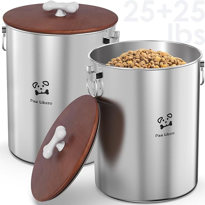 2PK 25 Lbs total 50 Lbs Stainless Steel Dog Food Storage Container with Airtight Wooden Lid & Ceramic Bone Handle, Large Metal Dog Food Bin for Dogs & Cats, Keep Fresh, Easy to Clean